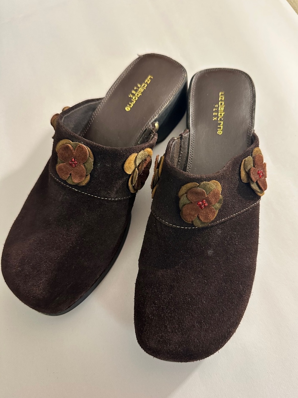 Liz Claiborne Genuine Suede Clogs with Floral Appliqué